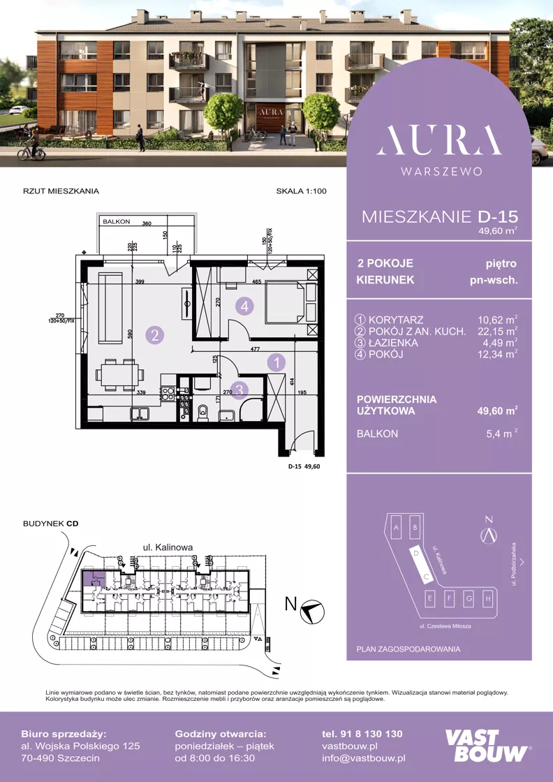 2 pokoje, mieszkanie 49,60 m², piętro 1, oferta nr D-15, AURA WARSZEWO ETAP 2, Szczecin, Północ, Warszewo, ul. Kalinowa