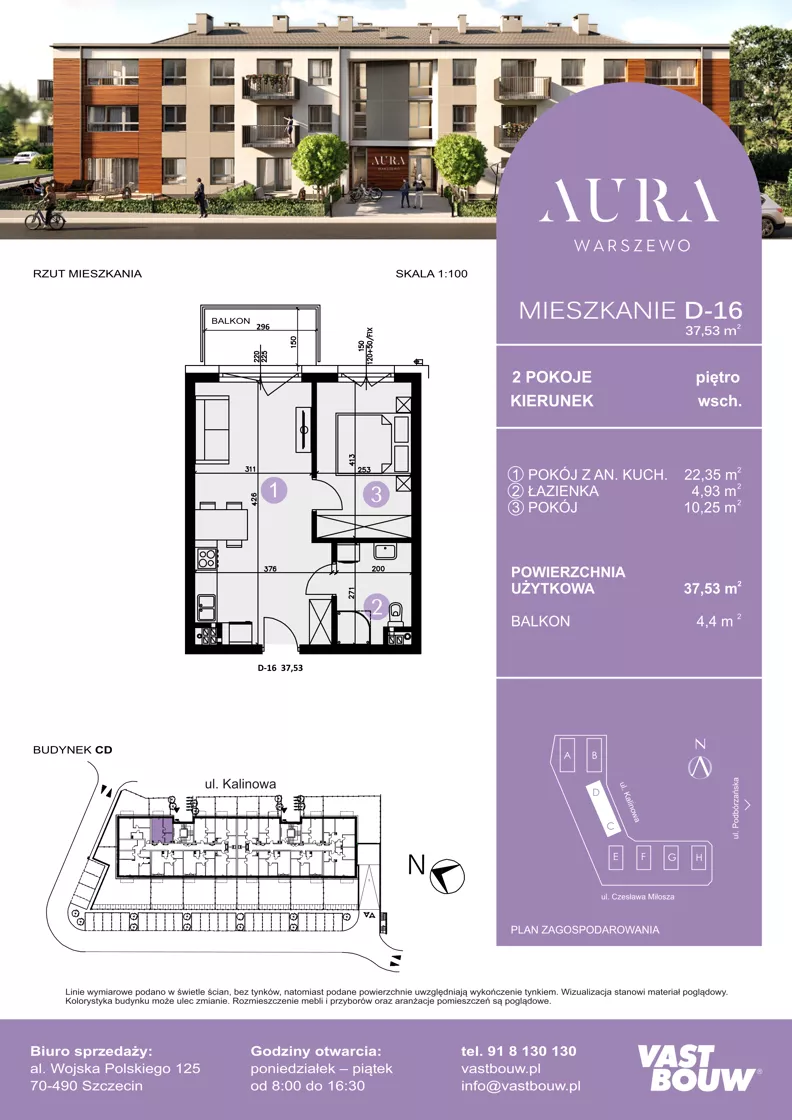 2 pokoje, mieszkanie 37,53 m², piętro 1, oferta nr D-16, AURA WARSZEWO ETAP 2, Szczecin, Północ, Warszewo, ul. Kalinowa