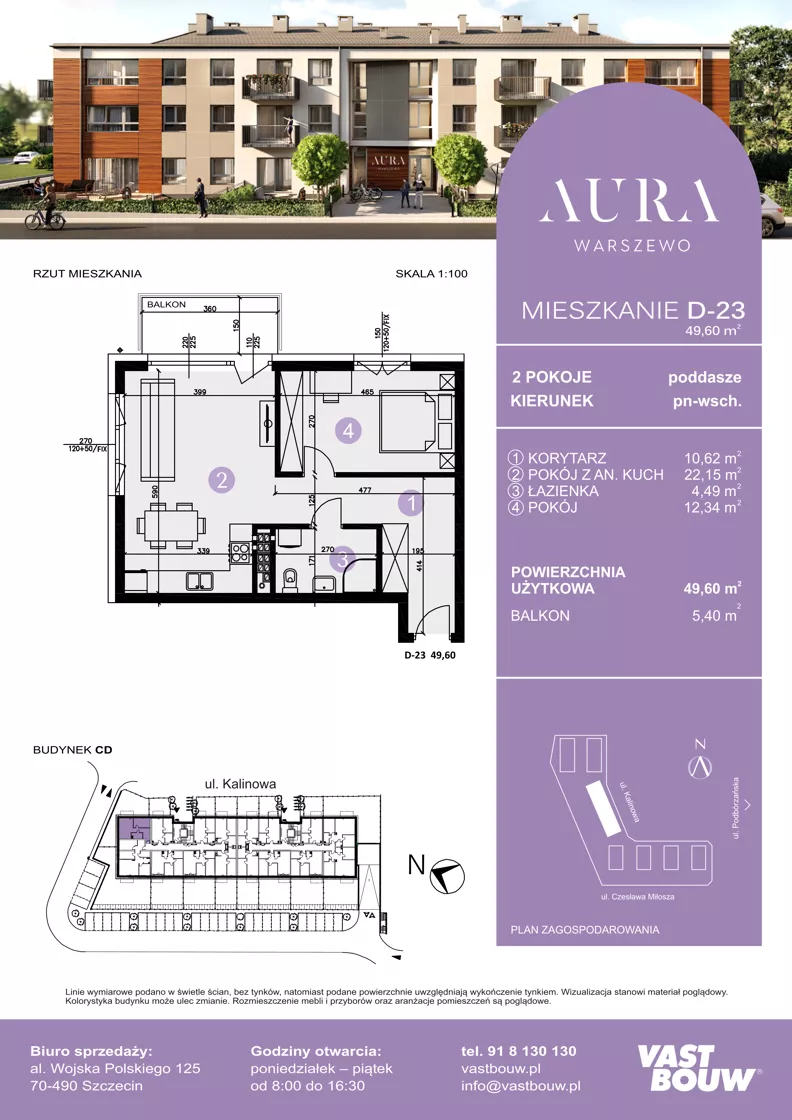 2 pokoje, mieszkanie 49,60 m², piętro 2, oferta nr D-23, AURA WARSZEWO ETAP 2, Szczecin, Północ, Warszewo, ul. Kalinowa