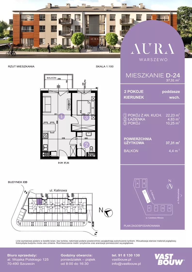 2 pokoje, mieszkanie 37,31 m², piętro 2, oferta nr D-24, AURA WARSZEWO ETAP 2, Szczecin, Północ, Warszewo, ul. Kalinowa