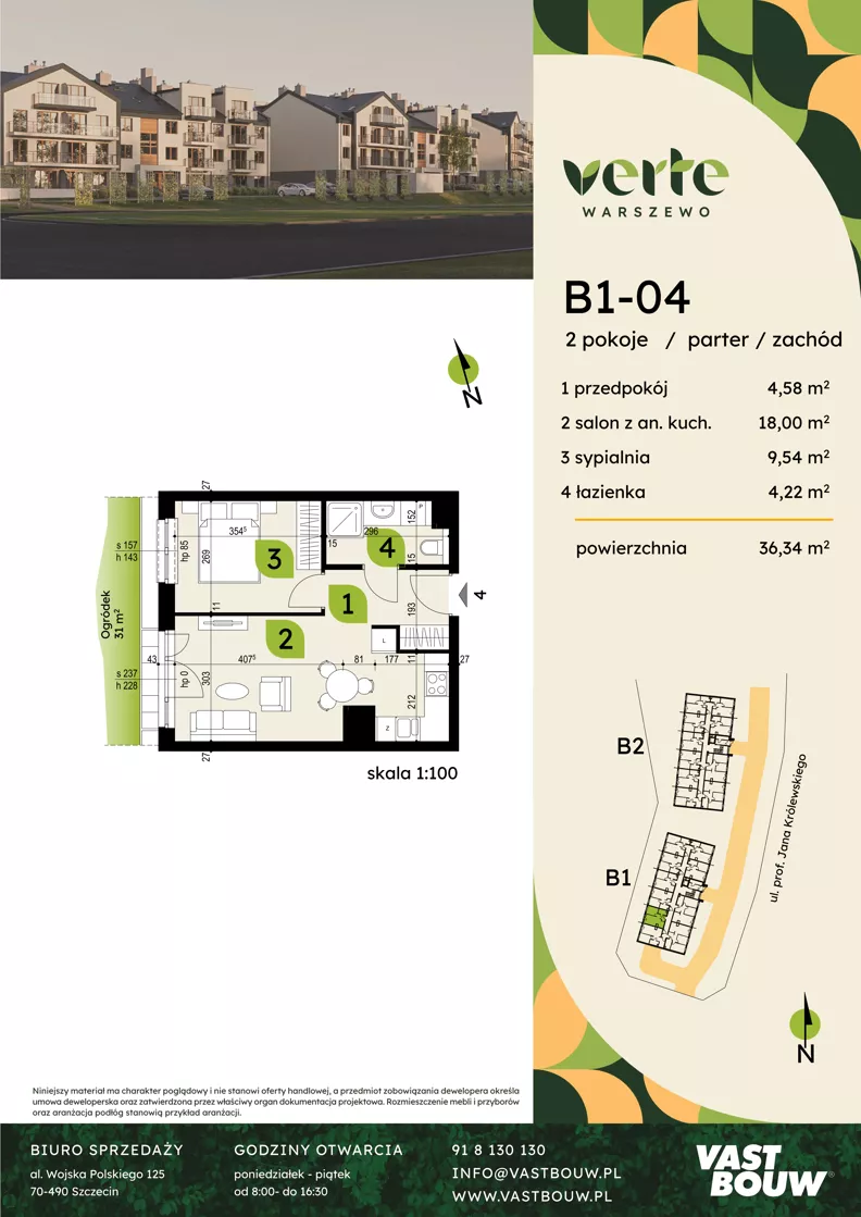 2 pokoje, mieszkanie 36,34 m², parter, oferta nr B1-04, Verte Warszewo, Szczecin, Północ, Warszewo, ul. Królewskiego