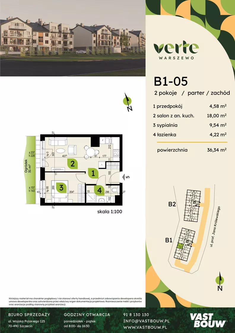 2 pokoje, mieszkanie 36,34 m², parter, oferta nr B1-05, Verte Warszewo, Szczecin, Północ, Warszewo, ul. Królewskiego