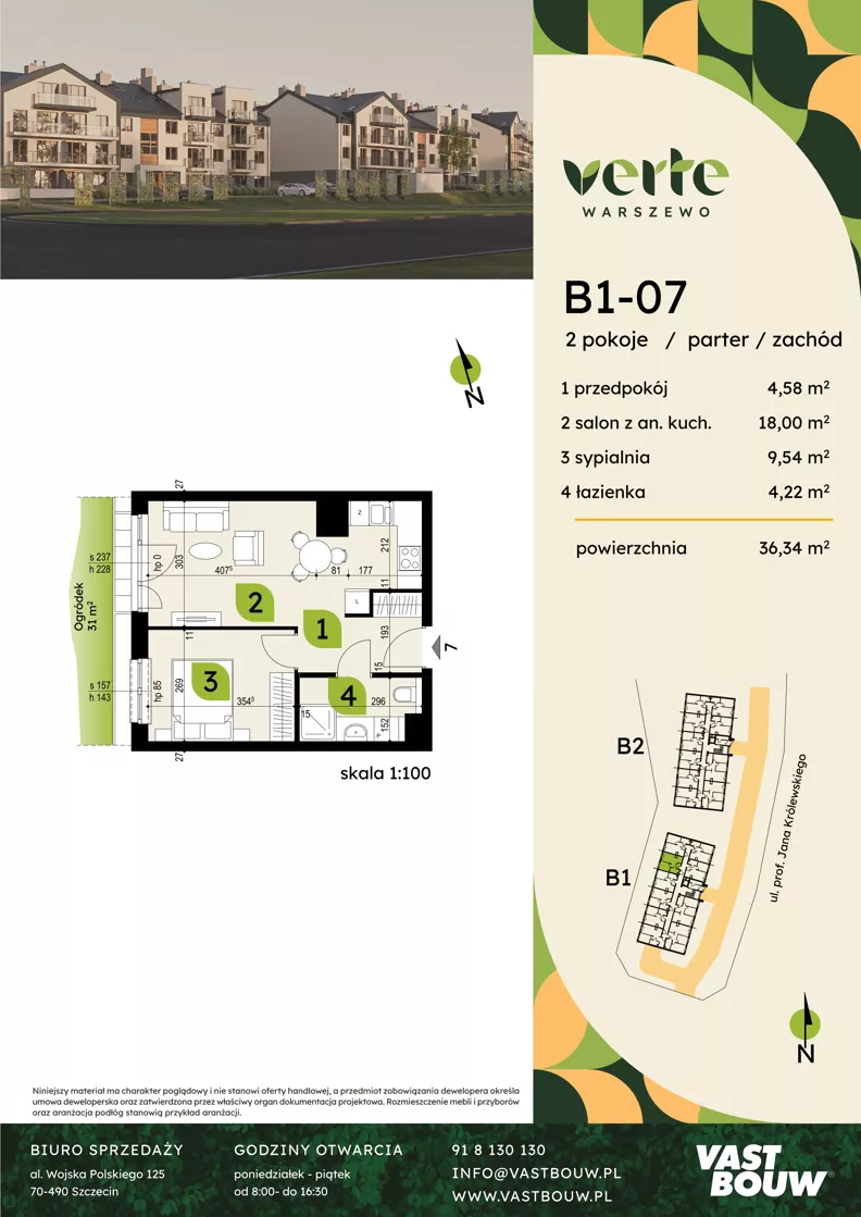 2 pokoje, mieszkanie 36,34 m², parter, oferta nr B1-07, Verte Warszewo, Szczecin, Północ, Warszewo, ul. Królewskiego