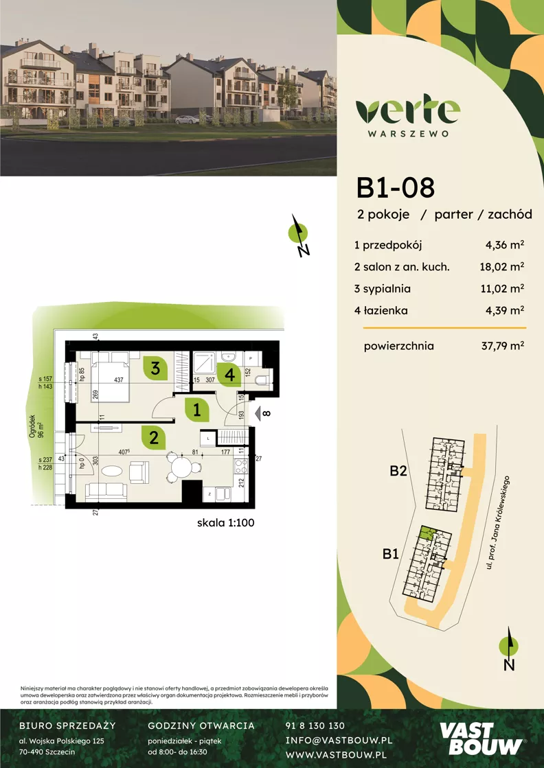 2 pokoje, mieszkanie 37,79 m², parter, oferta nr B1-08, Verte Warszewo, Szczecin, Północ, Warszewo, ul. Królewskiego