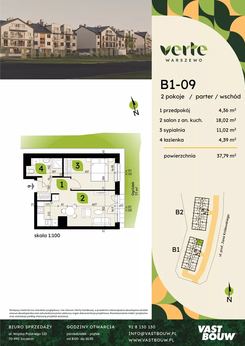 2 pokoje, mieszkanie 37,79 m², parter, oferta nr B1-09, Verte Warszewo, Szczecin, Północ, Warszewo, ul. Królewskiego