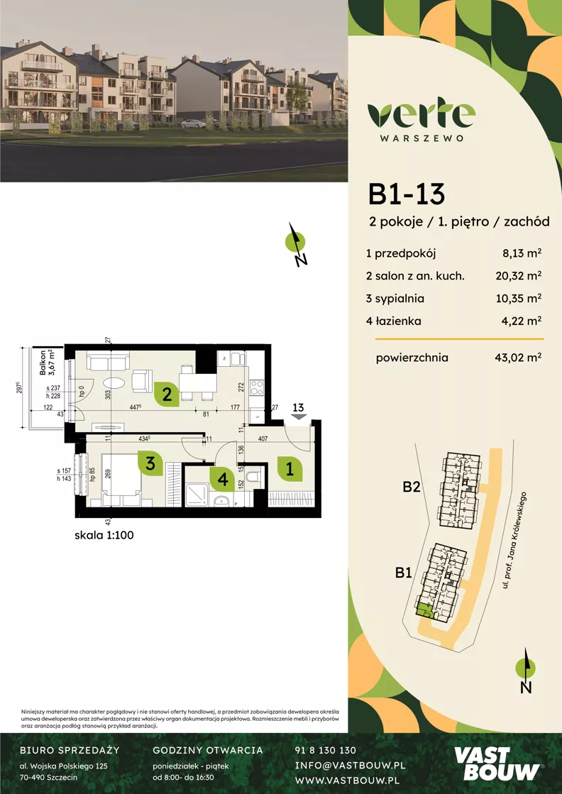 2 pokoje, mieszkanie 43,02 m², piętro 1, oferta nr B1-13, Verte Warszewo, Szczecin, Północ, Warszewo, ul. Królewskiego