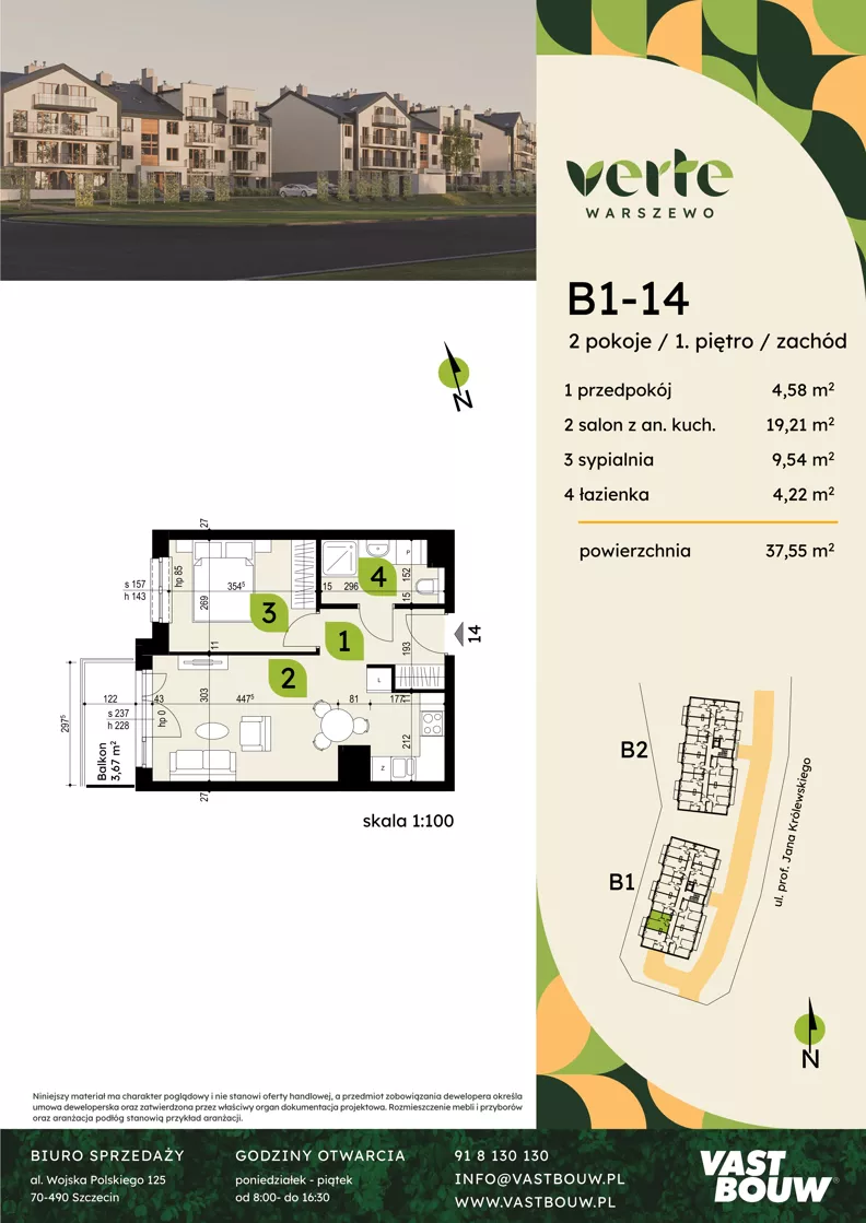 2 pokoje, mieszkanie 37,55 m², piętro 1, oferta nr B1-14, Verte Warszewo, Szczecin, Północ, Warszewo, ul. Królewskiego