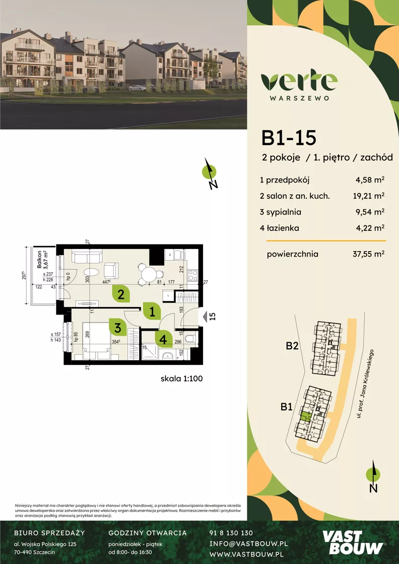 2 pokoje, mieszkanie 37,55 m², piętro 1, oferta nr B1-15, Verte Warszewo, Szczecin, Północ, Warszewo, ul. Królewskiego