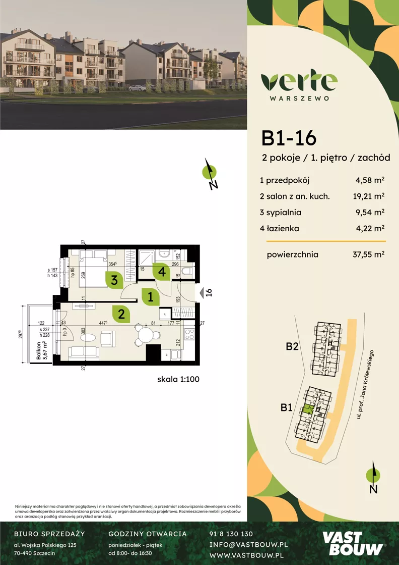 2 pokoje, mieszkanie 37,55 m², piętro 1, oferta nr B1-16, Verte Warszewo, Szczecin, Północ, Warszewo, ul. Królewskiego