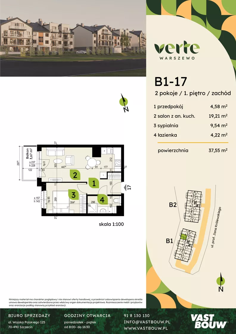 2 pokoje, mieszkanie 37,55 m², piętro 1, oferta nr B1-17, Verte Warszewo, Szczecin, Północ, Warszewo, ul. Królewskiego