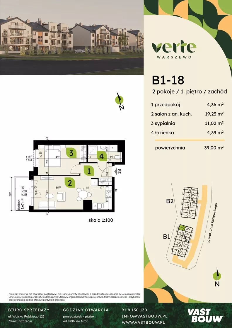 2 pokoje, mieszkanie 39,00 m², piętro 1, oferta nr B1-18, Verte Warszewo, Szczecin, Północ, Warszewo, ul. Królewskiego