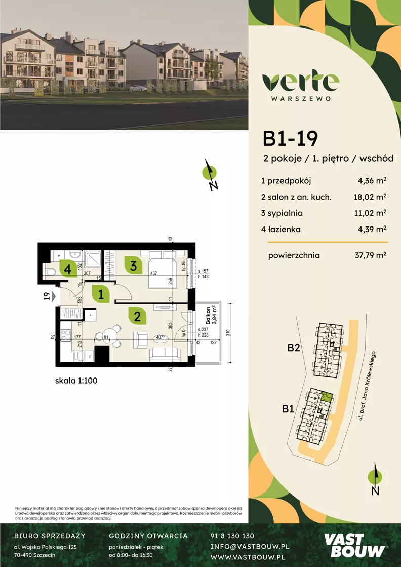 2 pokoje, mieszkanie 37,79 m², piętro 1, oferta nr B1-19, Verte Warszewo, Szczecin, Północ, Warszewo, ul. Królewskiego