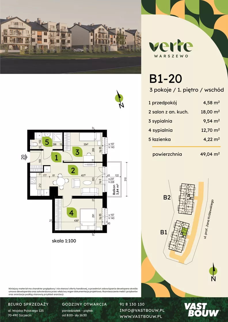 2 pokoje, mieszkanie 49,04 m², piętro 1, oferta nr B1-20, Verte Warszewo, Szczecin, Północ, Warszewo, ul. Królewskiego
