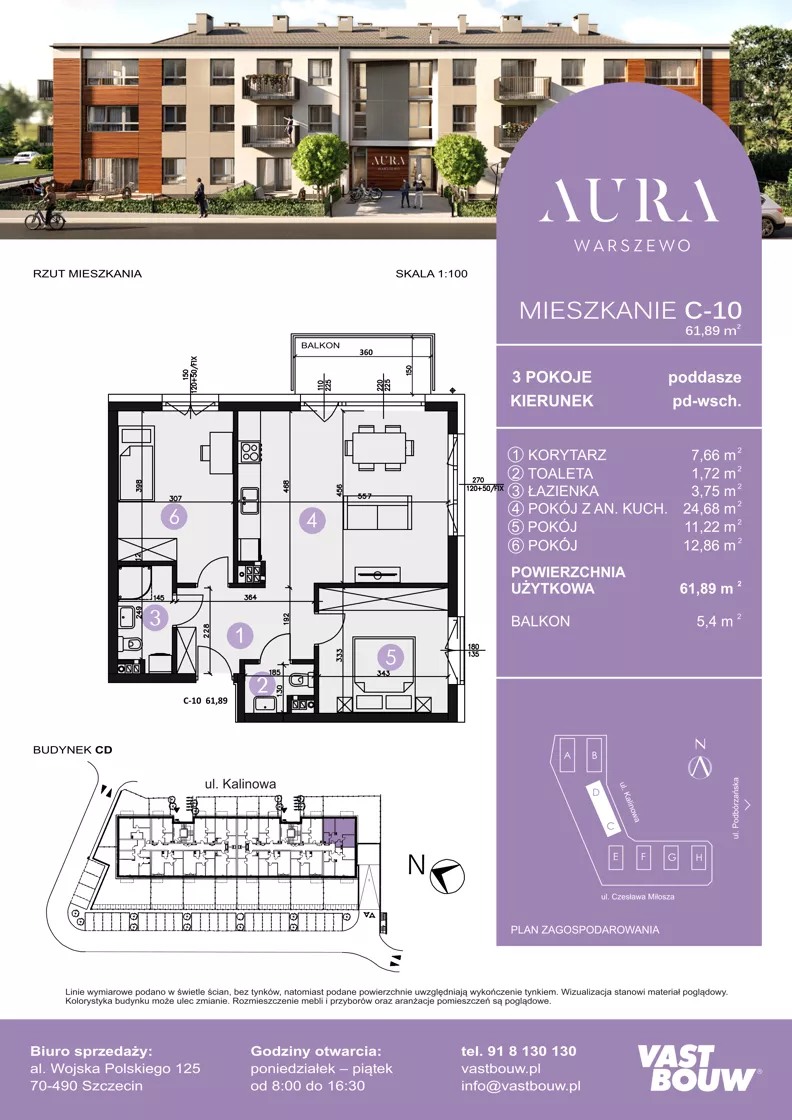 3 pokoje, mieszkanie 61,89 m², piętro 1, oferta nr C-10, AURA WARSZEWO ETAP 2, Szczecin, Północ, Warszewo, ul. Kalinowa
