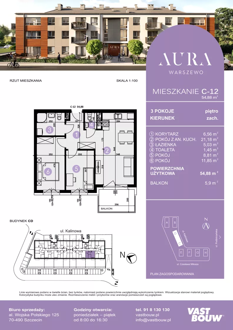 3 pokoje, mieszkanie 54,88 m², piętro 1, oferta nr C-12, AURA WARSZEWO ETAP 2, Szczecin, Północ, Warszewo, ul. Kalinowa