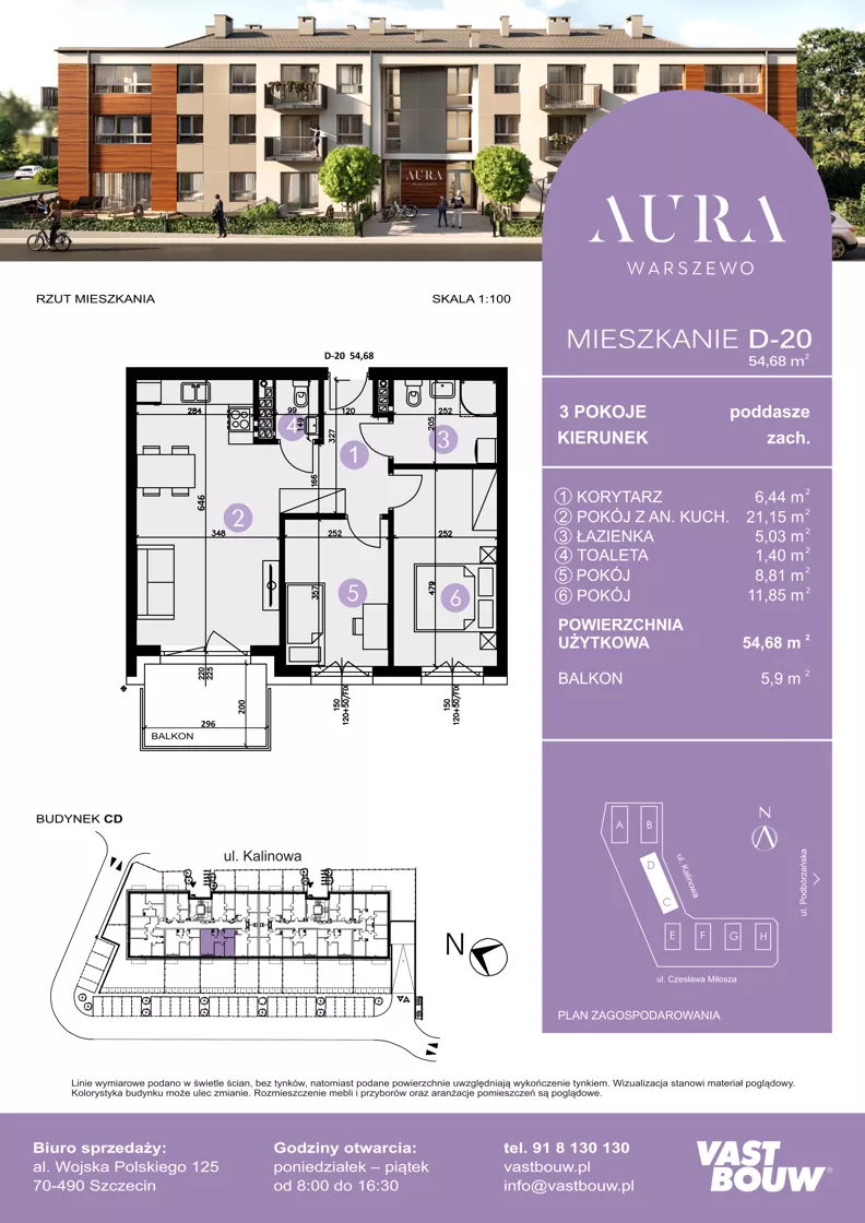 3 pokoje, mieszkanie 54,68 m², piętro 2, oferta nr D-20, AURA WARSZEWO ETAP 2, Szczecin, Północ, Warszewo, ul. Kalinowa