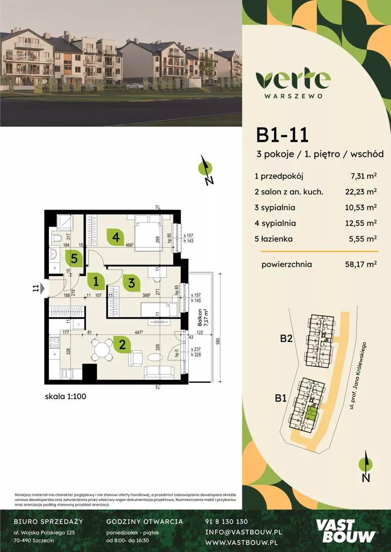 3 pokoje, mieszkanie 58,17 m², piętro 1, oferta nr B1-11, Verte Warszewo, Szczecin, Północ, Warszewo, ul. Królewskiego