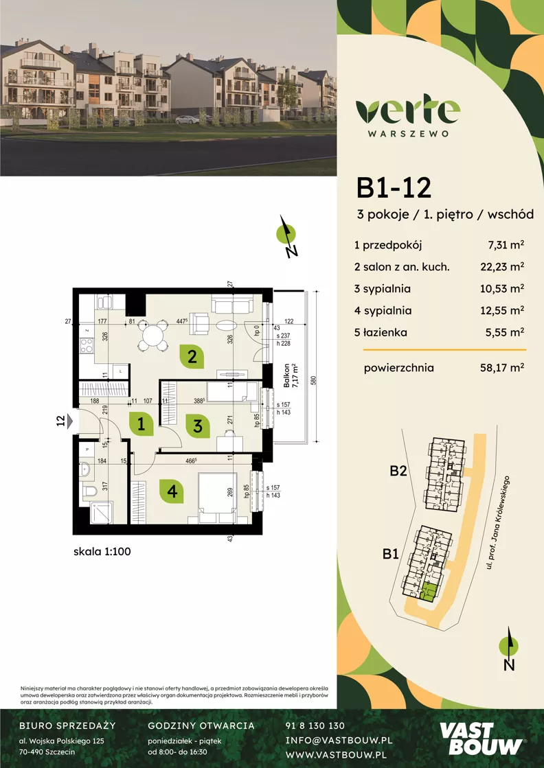 3 pokoje, mieszkanie 58,17 m², piętro 1, oferta nr B1-12, Verte Warszewo, Szczecin, Północ, Warszewo, ul. Królewskiego