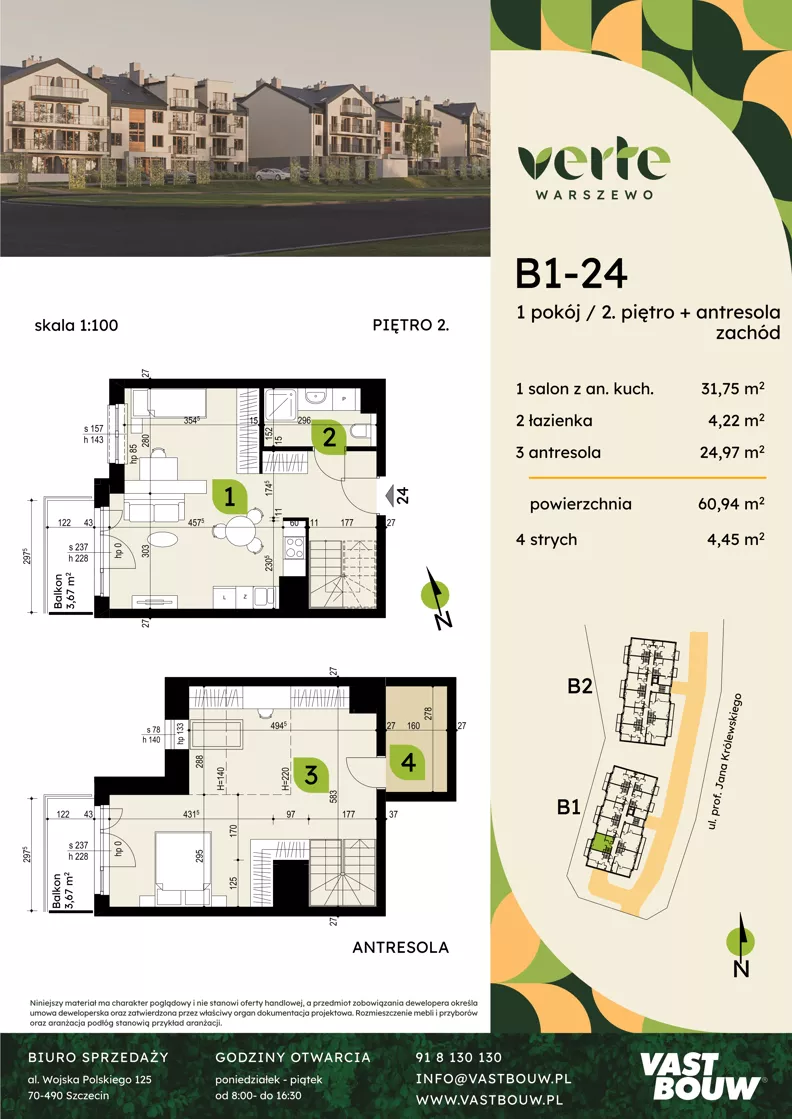 4 pokoje, mieszkanie 60,94 m², piętro 2, oferta nr B1-24, Verte Warszewo, Szczecin, Północ, Warszewo, ul. Królewskiego