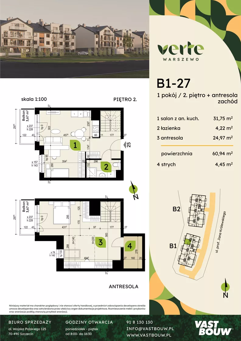 4 pokoje, mieszkanie 60,94 m², piętro 2, oferta nr B1-27, Verte Warszewo, Szczecin, Północ, Warszewo, ul. Królewskiego