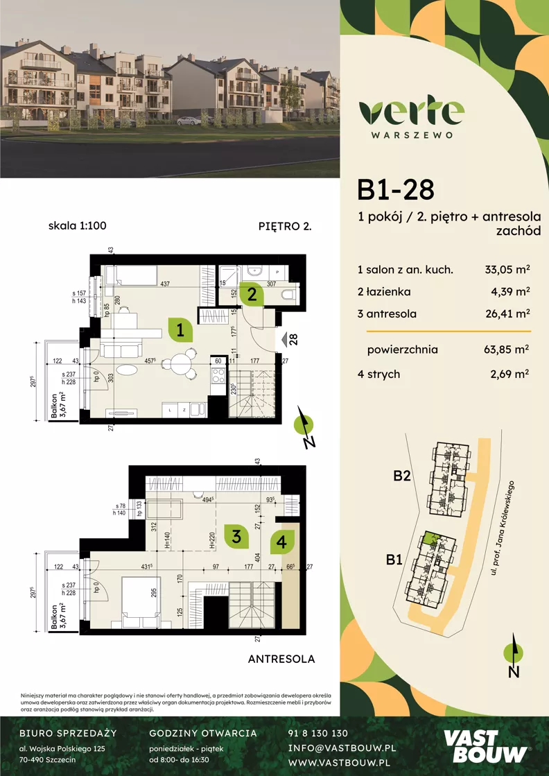 4 pokoje, mieszkanie 63,85 m², piętro 2, oferta nr B1-28, Verte Warszewo, Szczecin, Północ, Warszewo, ul. Królewskiego