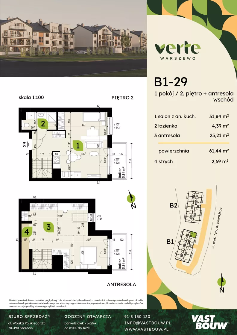 4 pokoje, mieszkanie 61,44 m², piętro 2, oferta nr B1-29, Verte Warszewo, Szczecin, Północ, Warszewo, ul. Królewskiego