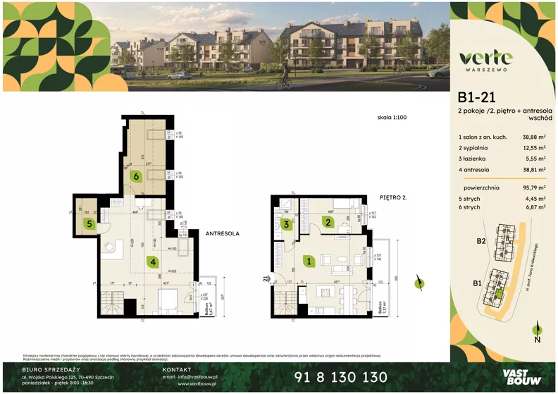 5 pokoi, mieszkanie 95,79 m², piętro 2, oferta nr B1-21, Verte Warszewo, Szczecin, Północ, Warszewo, ul. Królewskiego