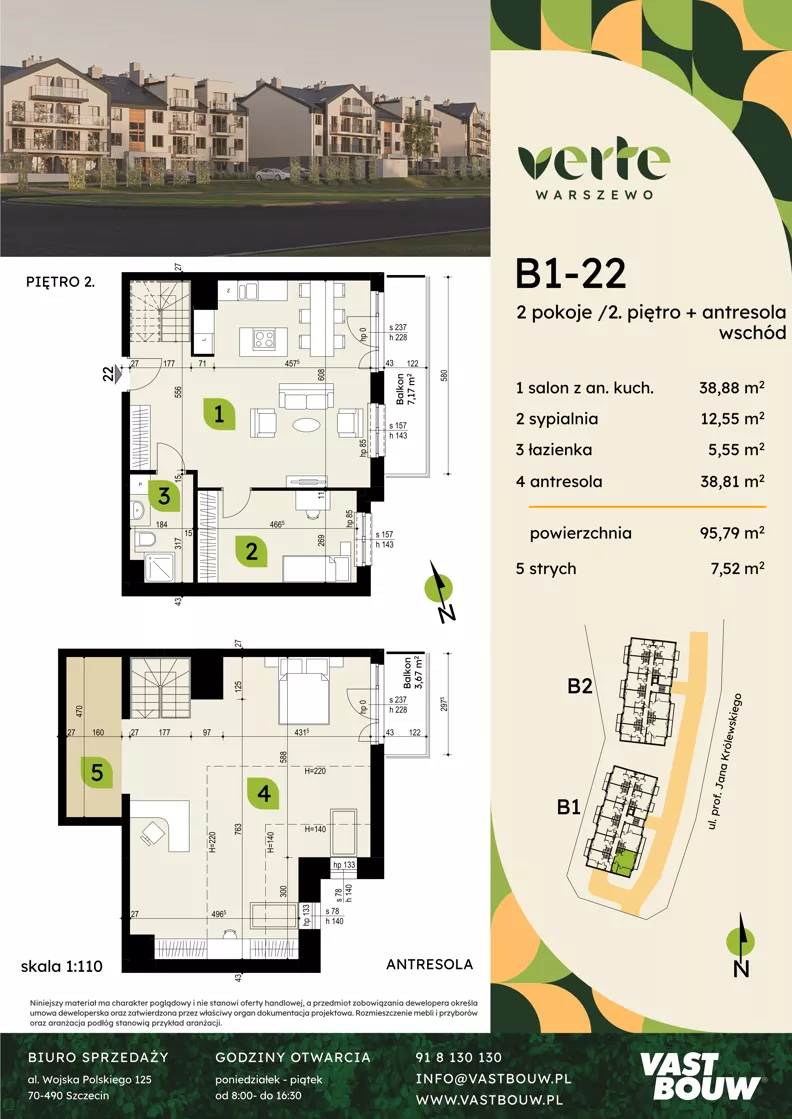 5 pokoi, mieszkanie 95,79 m², piętro 2, oferta nr B1-22, Verte Warszewo, Szczecin, Północ, Warszewo, ul. Królewskiego