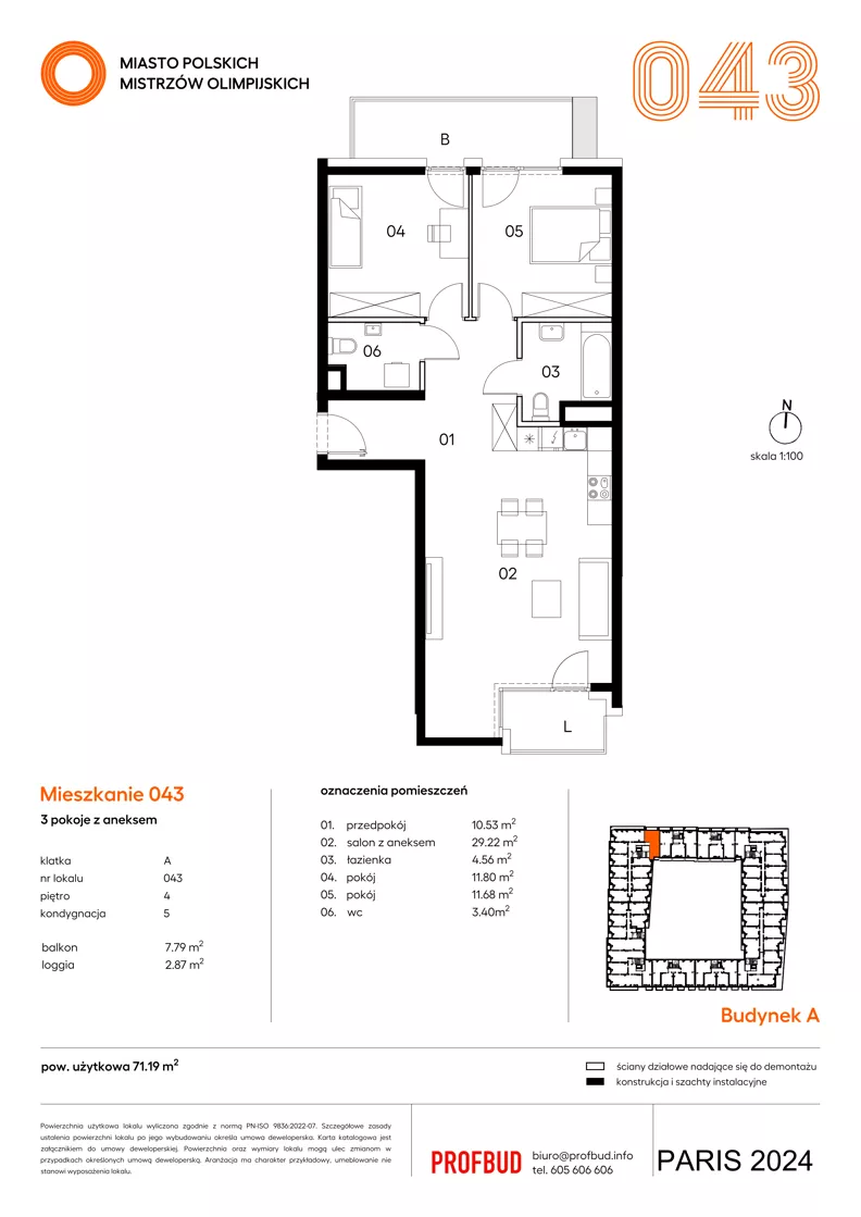 3 pokoje, mieszkanie 71,19 m², piętro 4, oferta nr 043, Miasto Polskich Mistrzów Olimpijskich II - Paryż, Mysiadło, ul. Olimpijska