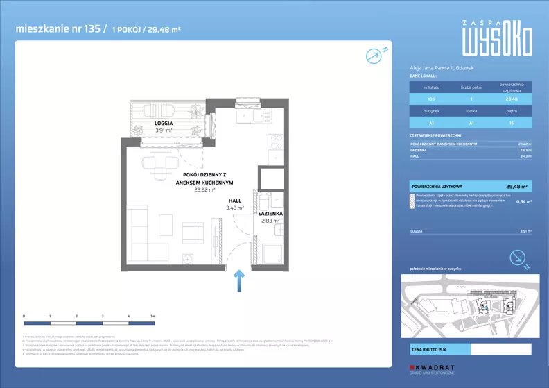1 pokój, mieszkanie 29,48 m², piętro 16, oferta nr A1/135, Zaspa Wysoko, Gdańsk, Zaspa, Zaspa-Młyniec, aleja Jana Pawła II
