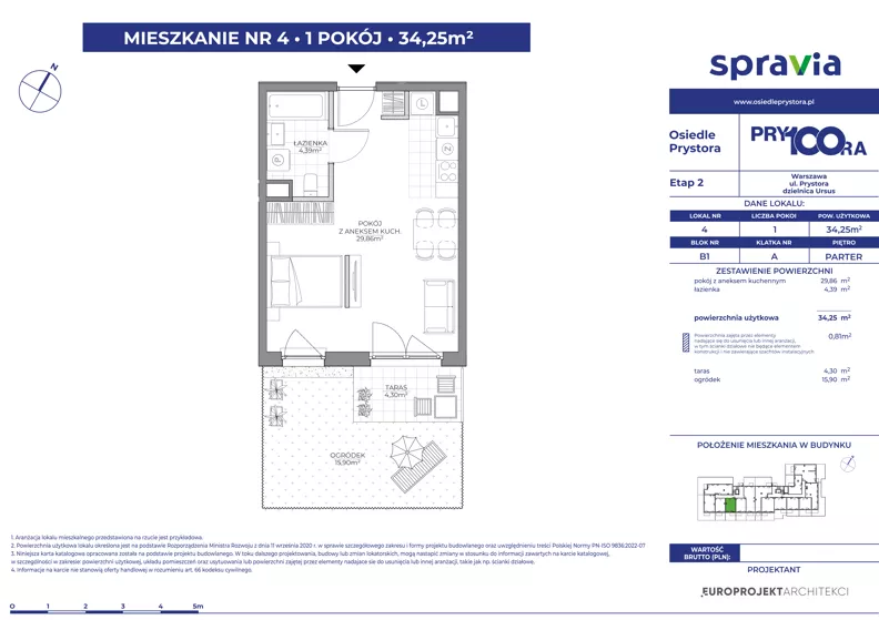 1 pokój, mieszkanie 34,25 m², parter, oferta nr 1/4, Osiedle Prystora II, Warszawa, Ursus, Skorosze, ul. Aleksandra Prystora 2