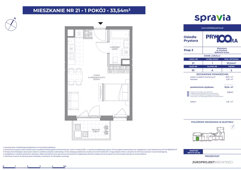 1 pokój, mieszkanie 33,54 m², piętro 3, oferta nr 1/21, Osiedle Prystora II, Warszawa, Ursus, Skorosze, ul. Aleksandra Prystora 2