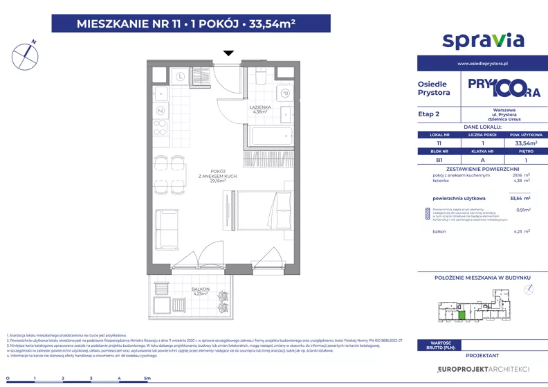 1 pokój, mieszkanie 33,54 m², piętro 1, oferta nr 1/11, Osiedle Prystora II, Warszawa, Ursus, Skorosze, ul. Aleksandra Prystora 2