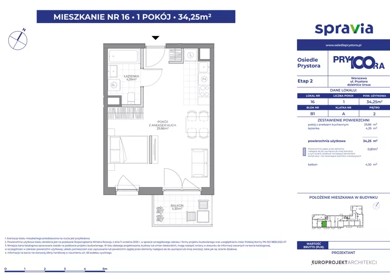 1 pokój, mieszkanie 34,25 m², piętro 2, oferta nr 1/16, Osiedle Prystora II, Warszawa, Ursus, Skorosze, ul. Aleksandra Prystora 2