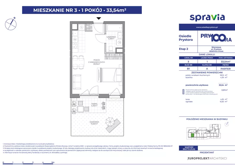 1 pokój, mieszkanie 33,54 m², parter, oferta nr 1/3, Osiedle Prystora II, Warszawa, Ursus, Skorosze, ul. Aleksandra Prystora 2