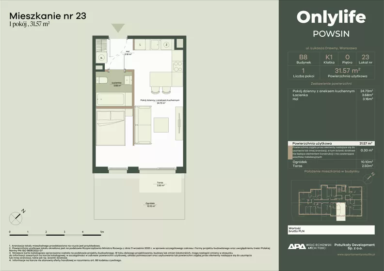 1 pokój, mieszkanie 31,57 m², parter, oferta nr B8/23, Apartamenty Onlylife, Warszawa, Wilanów, Powsin, ul. Łukasze Drewny / Potukały