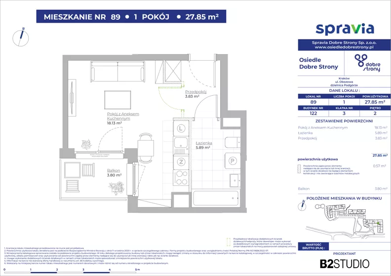 1 pokój, mieszkanie 27,85 m², piętro 2, oferta nr 122/89, Dobre Strony, Kraków, Dębniki, Borek Fałęcki, ul. Obozowa