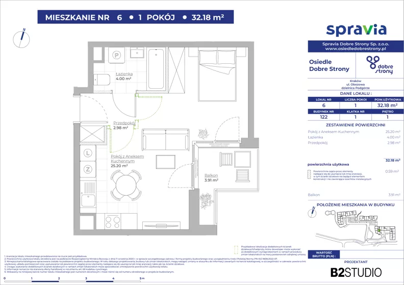 1 pokój, mieszkanie 32,18 m², piętro 1, oferta nr 122/6, Dobre Strony, Kraków, Dębniki, Borek Fałęcki, ul. Obozowa