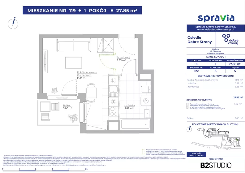 1 pokój, mieszkanie 27,85 m², piętro 5, oferta nr 122/119, Dobre Strony, Kraków, Dębniki, Borek Fałęcki, ul. Obozowa