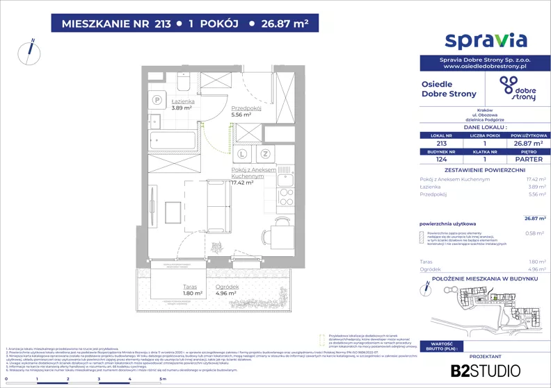 1 pokój, mieszkanie 26,87 m², parter, oferta nr 124/213, Dobre Strony, Kraków, Dębniki, Borek Fałęcki, ul. Obozowa