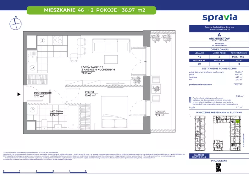 2 pokoje, mieszkanie 36,97 m², piętro 3, oferta nr B1/46, Architektów, Wrocław, Al. Architektów 22-30