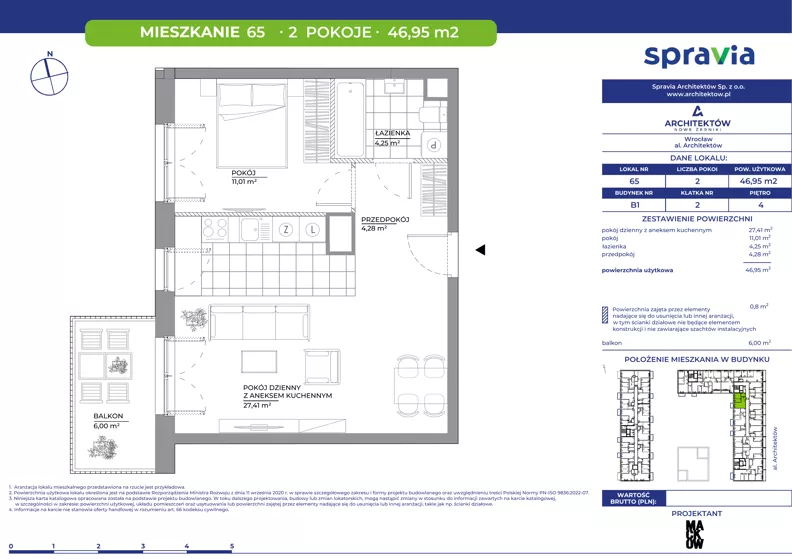 2 pokoje, mieszkanie 46,95 m², piętro 4, oferta nr B1/65, Architektów, Wrocław, Al. Architektów 22-30