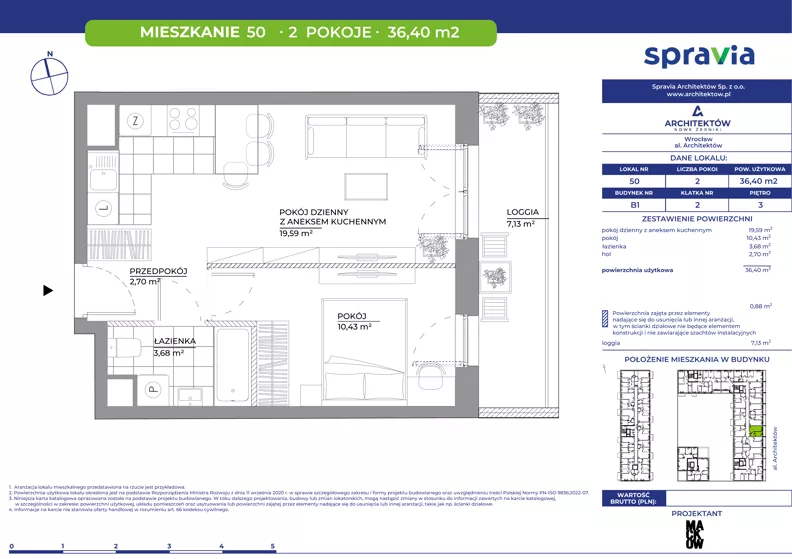 2 pokoje, mieszkanie 36,40 m², piętro 3, oferta nr B1/50, Architektów, Wrocław, Al. Architektów 22-30