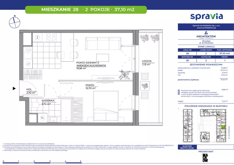 2 pokoje, mieszkanie 37,10 m², piętro 1, oferta nr B1/28, Architektów, Wrocław, Al. Architektów 22-30