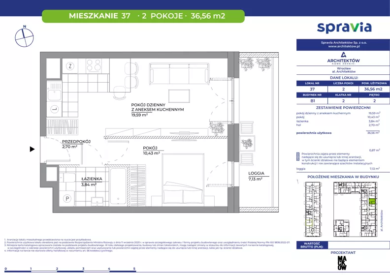 2 pokoje, mieszkanie 36,56 m², piętro 2, oferta nr B1/37, Architektów, Wrocław, Al. Architektów 22-30