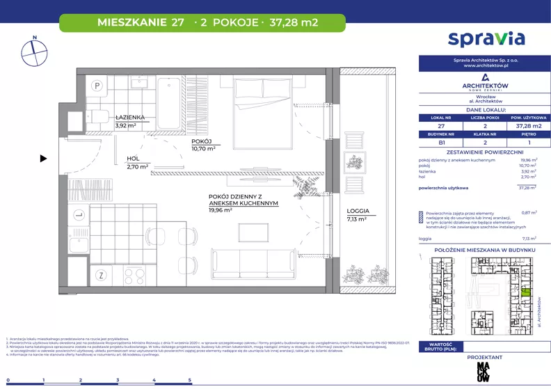 2 pokoje, mieszkanie 37,28 m², piętro 1, oferta nr B1/27, Architektów, Wrocław, Al. Architektów 22-30