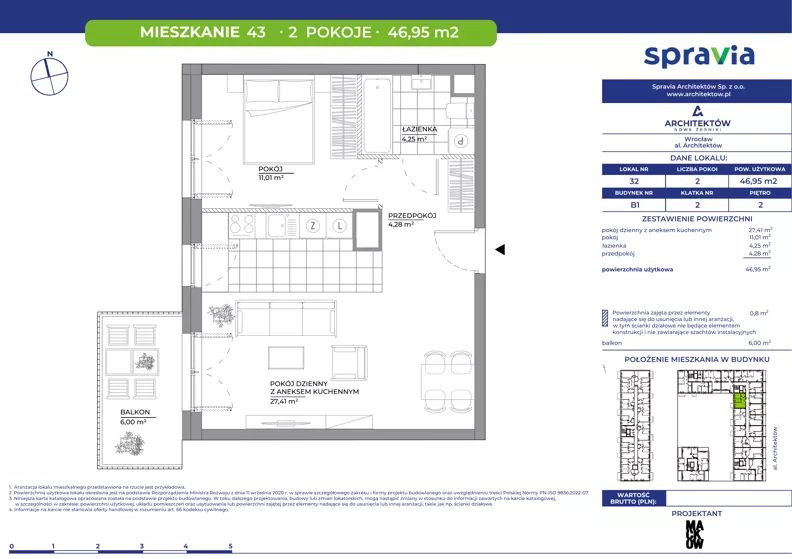 2 pokoje, mieszkanie 46,95 m², piętro 2, oferta nr B1/43, Architektów, Wrocław, Al. Architektów 22-30
