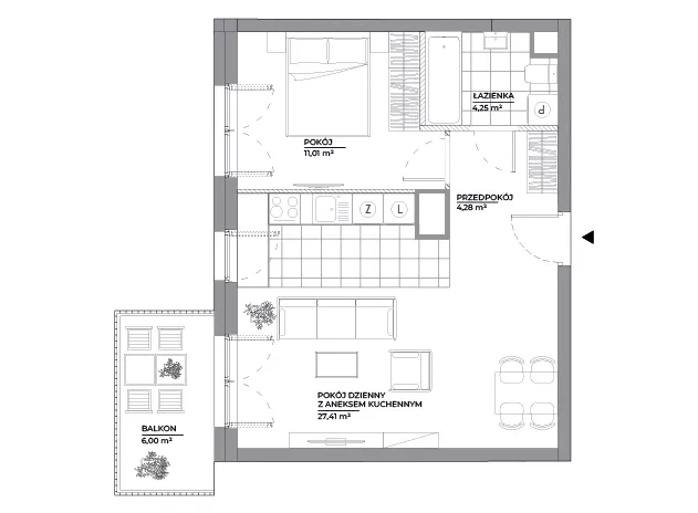 2 pokoje, mieszkanie 46,95 m², piętro 2, oferta nr B1/43, Architektów, Wrocław, Al. Architektów 22-30