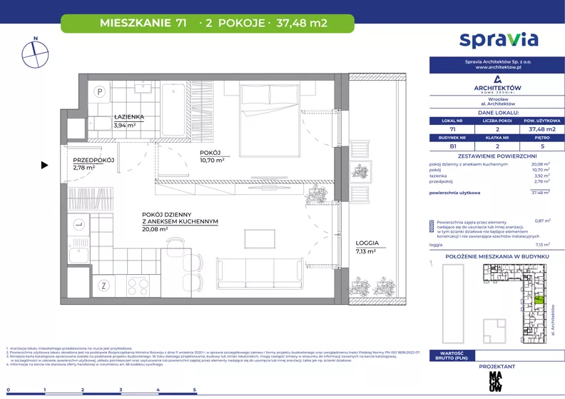 2 pokoje, mieszkanie 37,48 m², piętro 5, oferta nr B1/71, Architektów, Wrocław, Al. Architektów 22-30