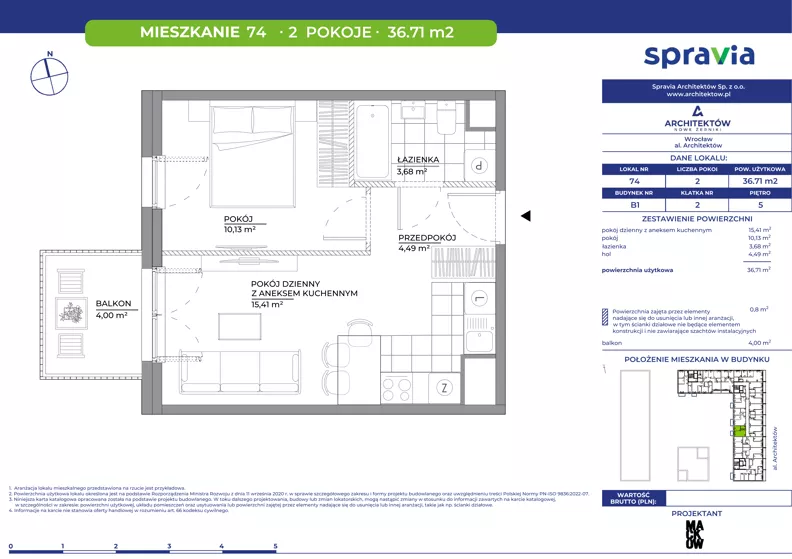 2 pokoje, mieszkanie 33,71 m², piętro 5, oferta nr B1/74, Architektów, Wrocław, Al. Architektów 22-30